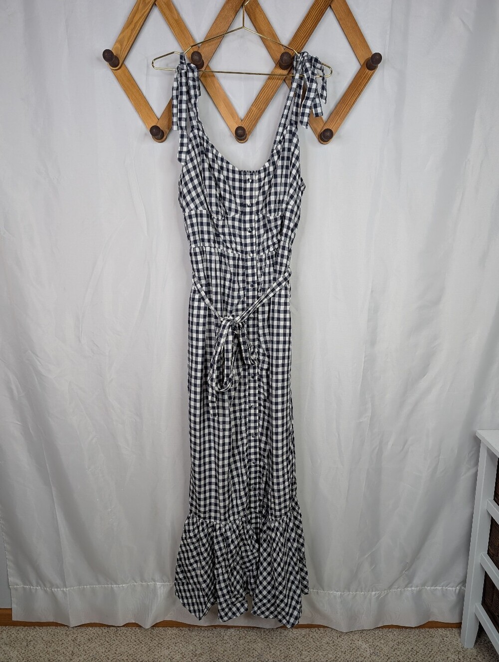 J. Crew Gingam Checkered Button Front Shoulder Tie Midi Dress - 14 Tall - Picture 4 of 10